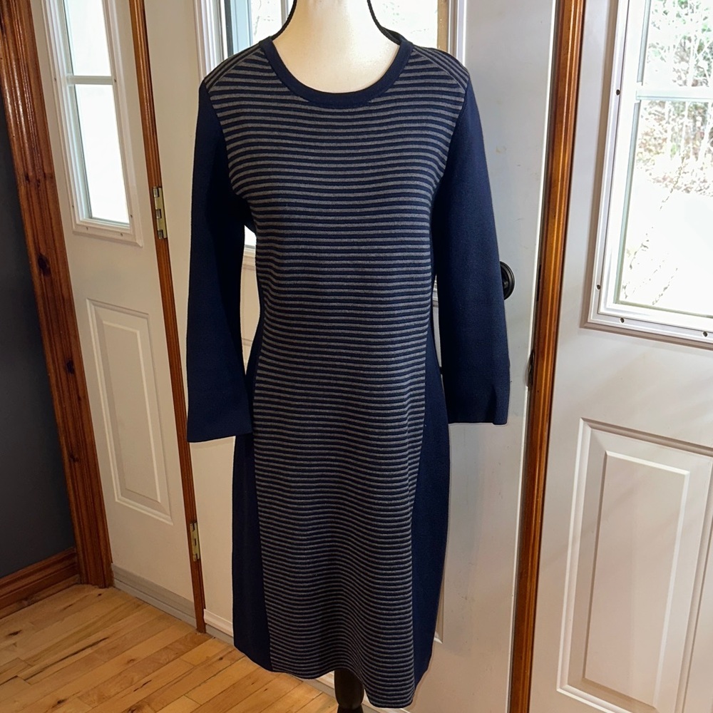 J. McLaughlin Navy and Gray Striped Long Sleeve Dress